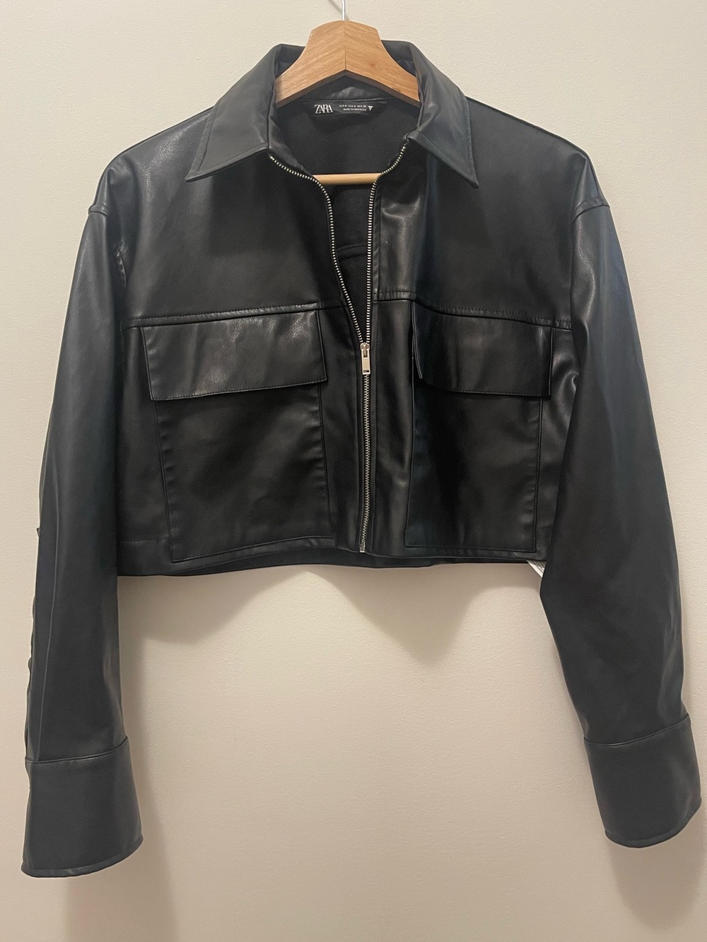 Zara Black Cropped Faux Leather Jacket with Flap Pockets